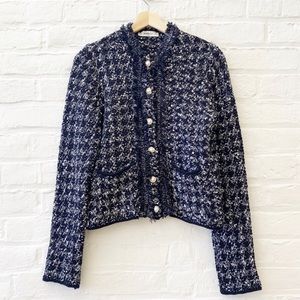 Zara || Tweed Knit Fringe Blingy Pearl Cardigan Jacket Medium really a small